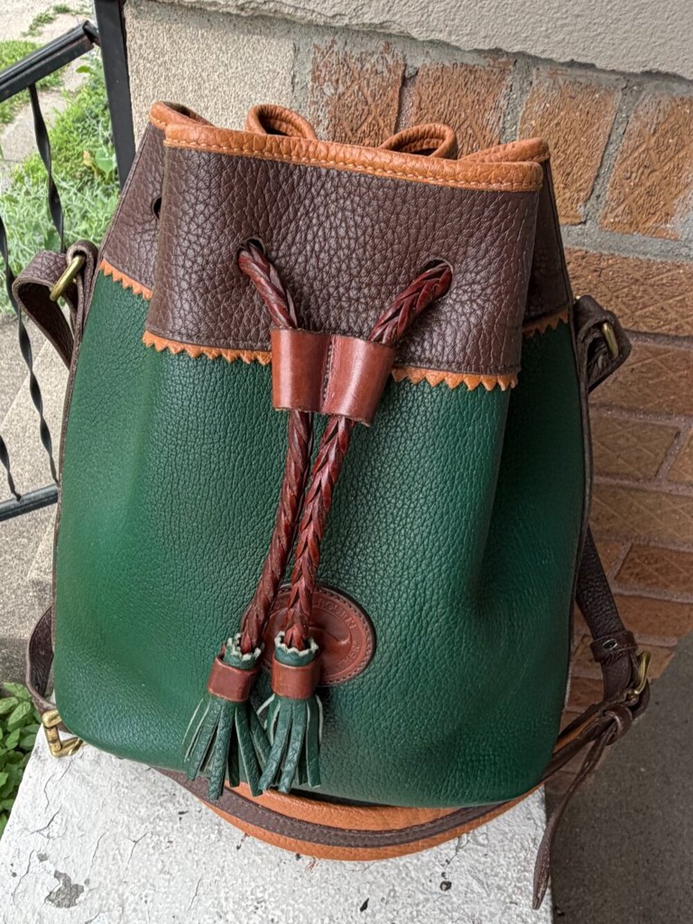 Dooney & Bourke Teton Drawstring Green Vintage USA Medium Shoulder Bag Unisex